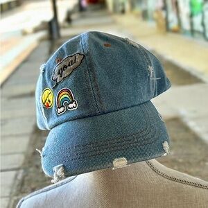 Distress Denim Baseball Hat with Patches Rainbow 🌈 Smile 😃